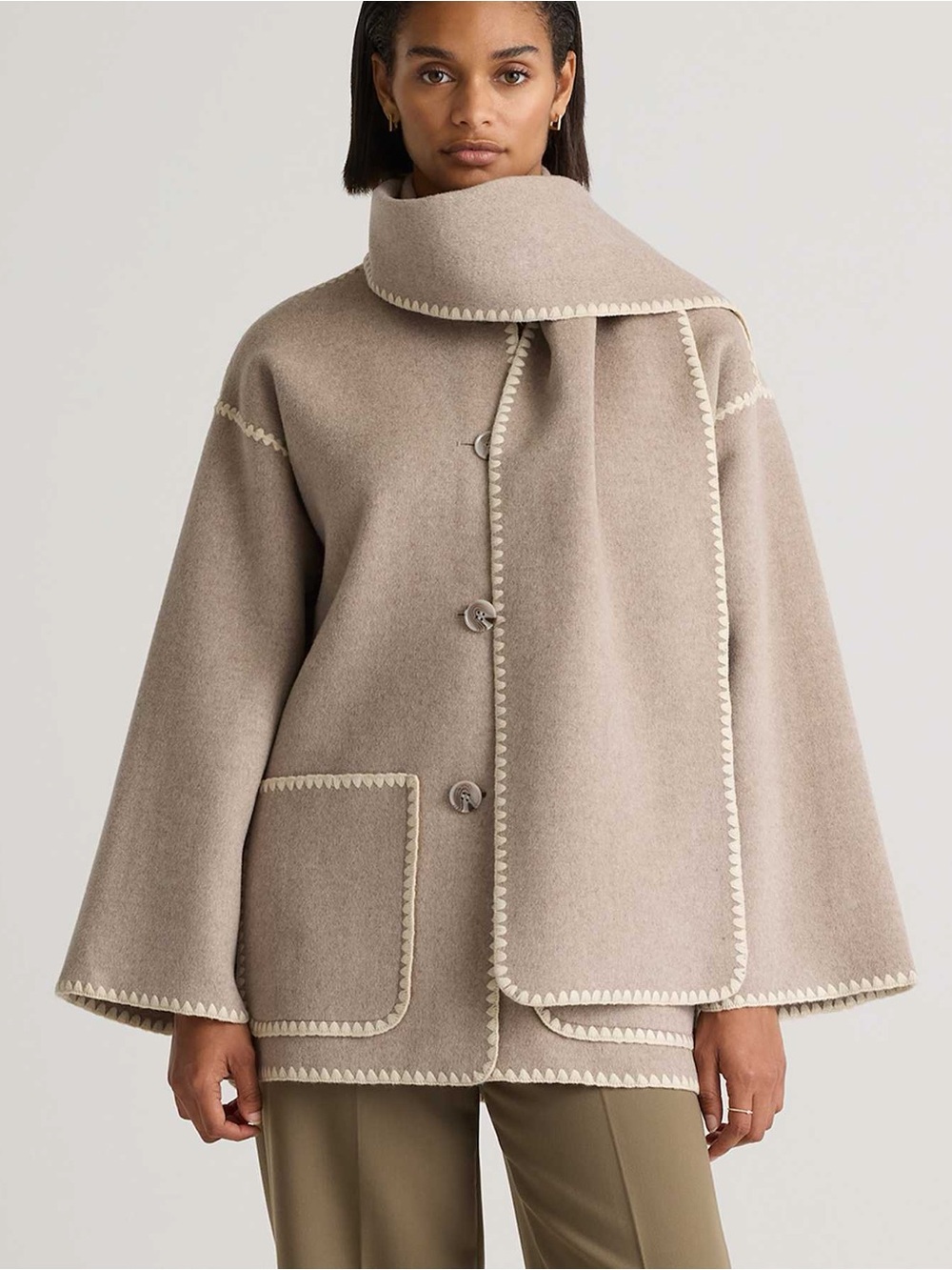 Quince Merino Wool Whipstitch Trim Scarf Coat in Oat